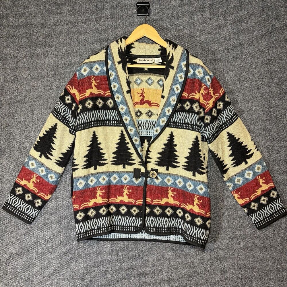 Vtg Flashback Sz S Tapestry Southwest Winter Scene Reindeer Tree Blazer Jacket